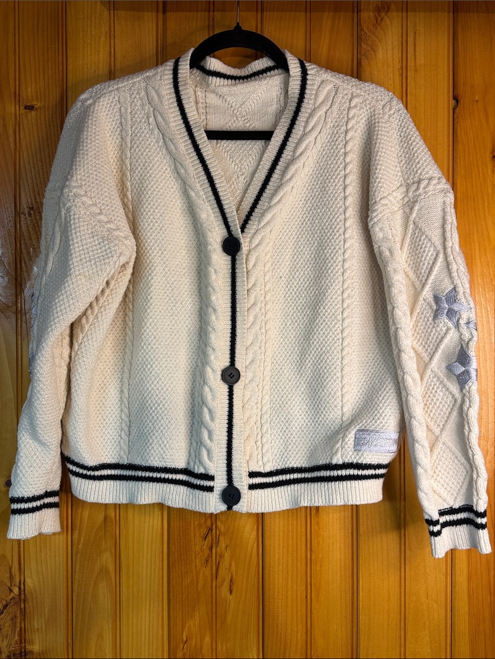 Taylor Swift Folklore Cream Cable Knit Cardigan with Navy Trim - Picture 1 of 9
